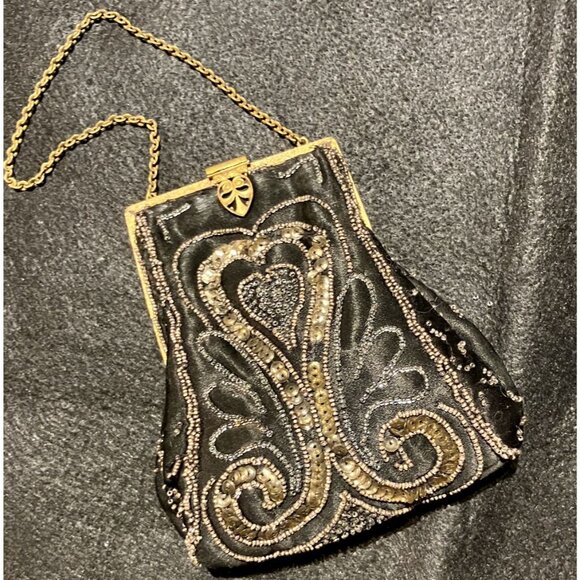 1920s-30s vintage metal frame black evening bag with beads, sequins, gold chain - Picture 1 of 5